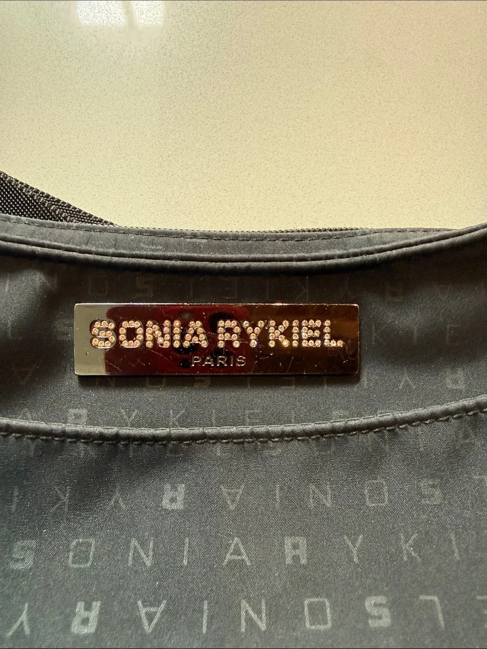 Sonia Rykiel Nylon Shoulder Bag, Monogrammed Pattern, Adjustable Strap, Black